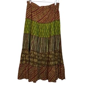 Sybelle Bohemian Tiered Patchwork Midi Gypsy Skirt - Green & Brown Size M